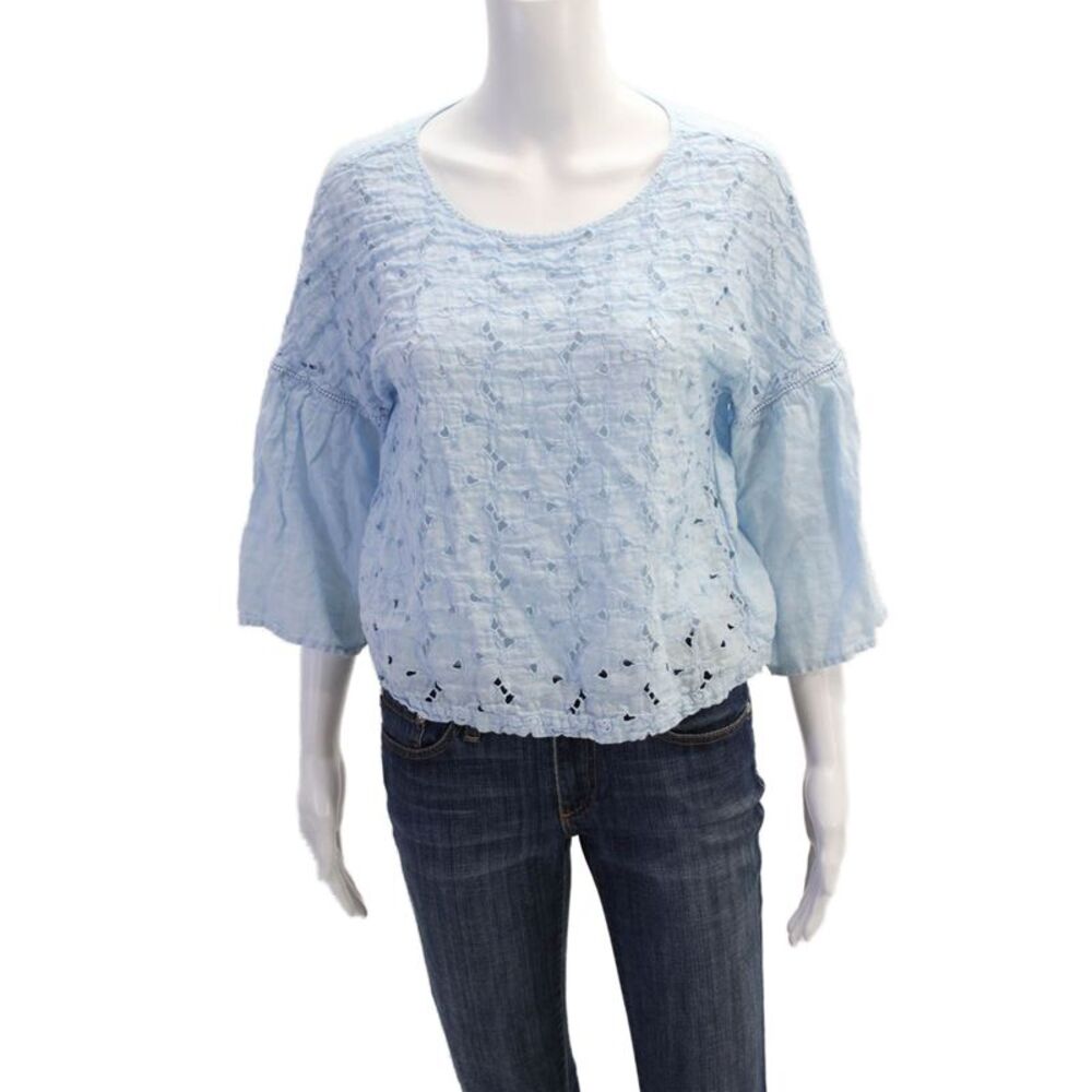 120% Lino Women's Round Neck Short Sleeves Eyelet Blouse Light Blue Size 40